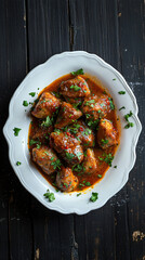 Wall Mural - Chicken stew in tomato sauce and parsley, presented on a white platter on a black wooden table