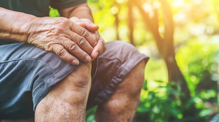 Close-up of an elderly man's hand resting on his knee in a nature setting.