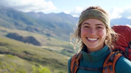 Wall Mural - woman smiling in hiking gear enjoys a sunny adventure in the mountains surrounded by nature