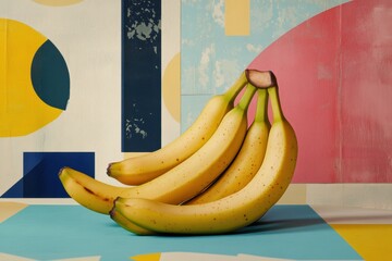 Poster - Fresh bananas are arranged on a colorful abstract background featuring bold geometric shapes and contrasting colors, creating a lively composition. Generative AI