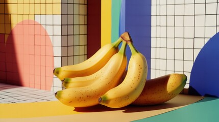 Aufkleber - Ripe bananas are arranged neatly against a vibrant background of geometric shapes in a creative studio atmosphere. Generative AI