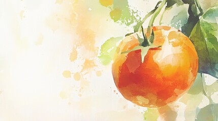 Wall Mural - A ripe orange fruit dangles from a green branch, complemented by a wash of soft pastel colors in the background, suggesting a serene outdoor setting