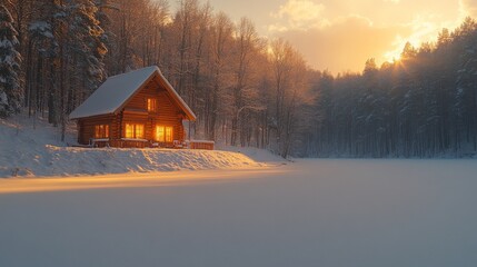 Poster - A charming wooden cabin radiates warmth as the sun sets, casting a golden light over the snowy landscape and a serene frozen lake. The tranquil scene invites relaxation and peace.