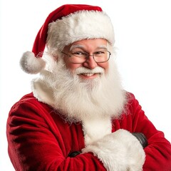 Wall Mural - Man wearing Santa Claus costume with white beard, red suit, black belt, and hat, spreading holiday cheer.