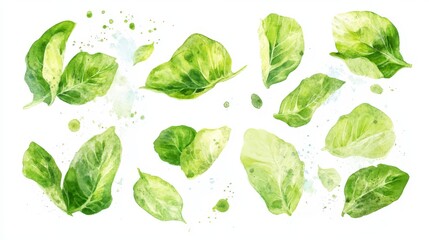 Wall Mural - A variety of fresh green leafy vegetables are arranged against a white background, highlighting their different shapes and shades of green in a visually appealing layout