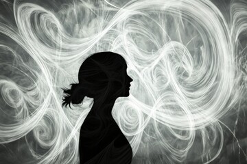Poster - A figure stands in profile, lost in thought, surrounded by swirling patterns of light and shadow, evoking a sense of introspection. Generative AI