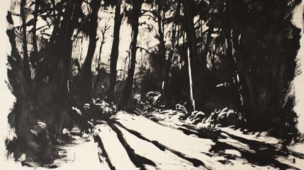 Leinwandbilder - This artwork illustrates a dense forest filled with intricate details of trees and shadows, showcasing the play of light through foliage. Generative AI
