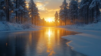 Poster - A stunning sunset illuminates the frozen river, reflecting warm hues against the icy surface and surrounded by tall snow-covered trees in a serene winter setting.
