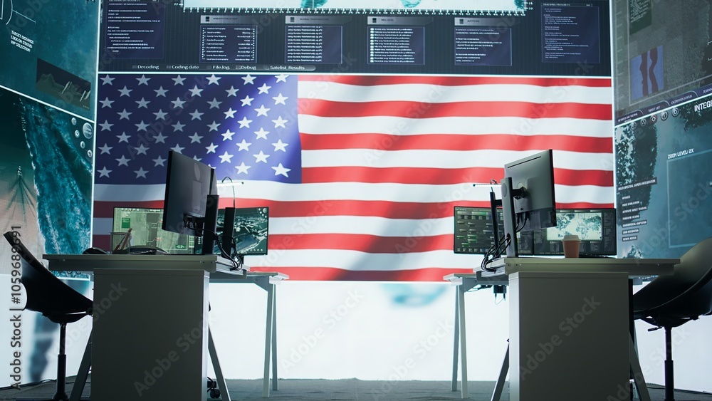 Foto de Stock Empty American military control center equipped with high ...