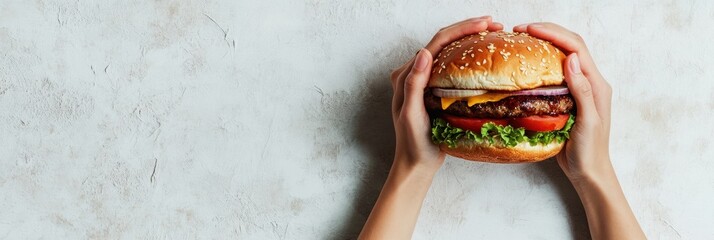 Aufkleber - Two hands hold a mouthwatering burger loaded with lettuce, tomato, cheese, and onion, set against an off-white backdrop. Generative AI