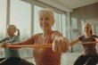 © zakiroff - Active seniors in exercise class using resistance bands, smiling, bright room, morning workout atmosphere, fitness concept