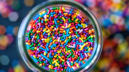 A glass jar filled with rows of multicolored sprinkles ready to decorate a cake.