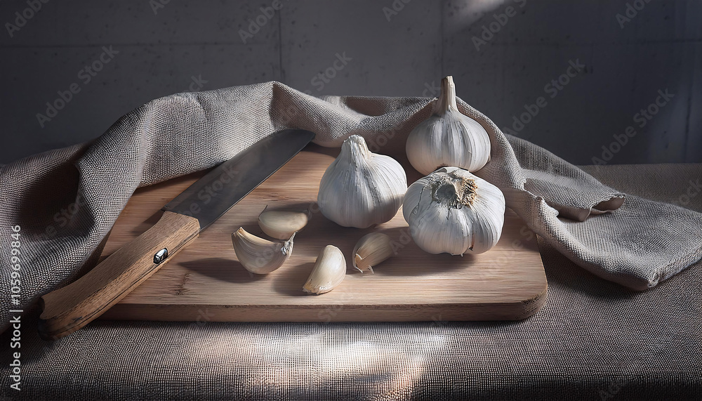 Whole and peeled garlic cloves on a wooden cutting board with a knife ...