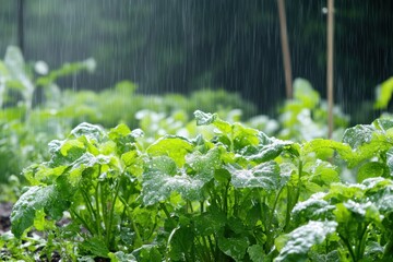 Aufkleber - Vegetables flourish in a garden as light rain falls, with droplets shimmering on the lush, green foliage beneath the overcast sky. Generative AI