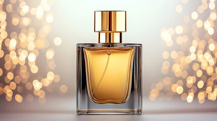 Wall Mural - Elegant glass perfume bottle with golden cap against a softly blurred bokeh background, highlighting luxury and sophistication.