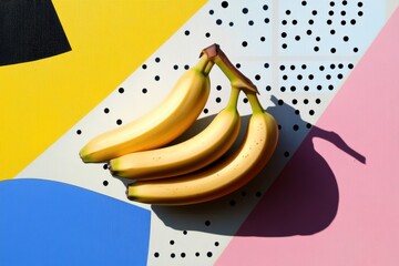 Aufkleber - Bananas are artistically arranged against a colorful abstract geometric background, creating a fresh and modern composition. Generative AI
