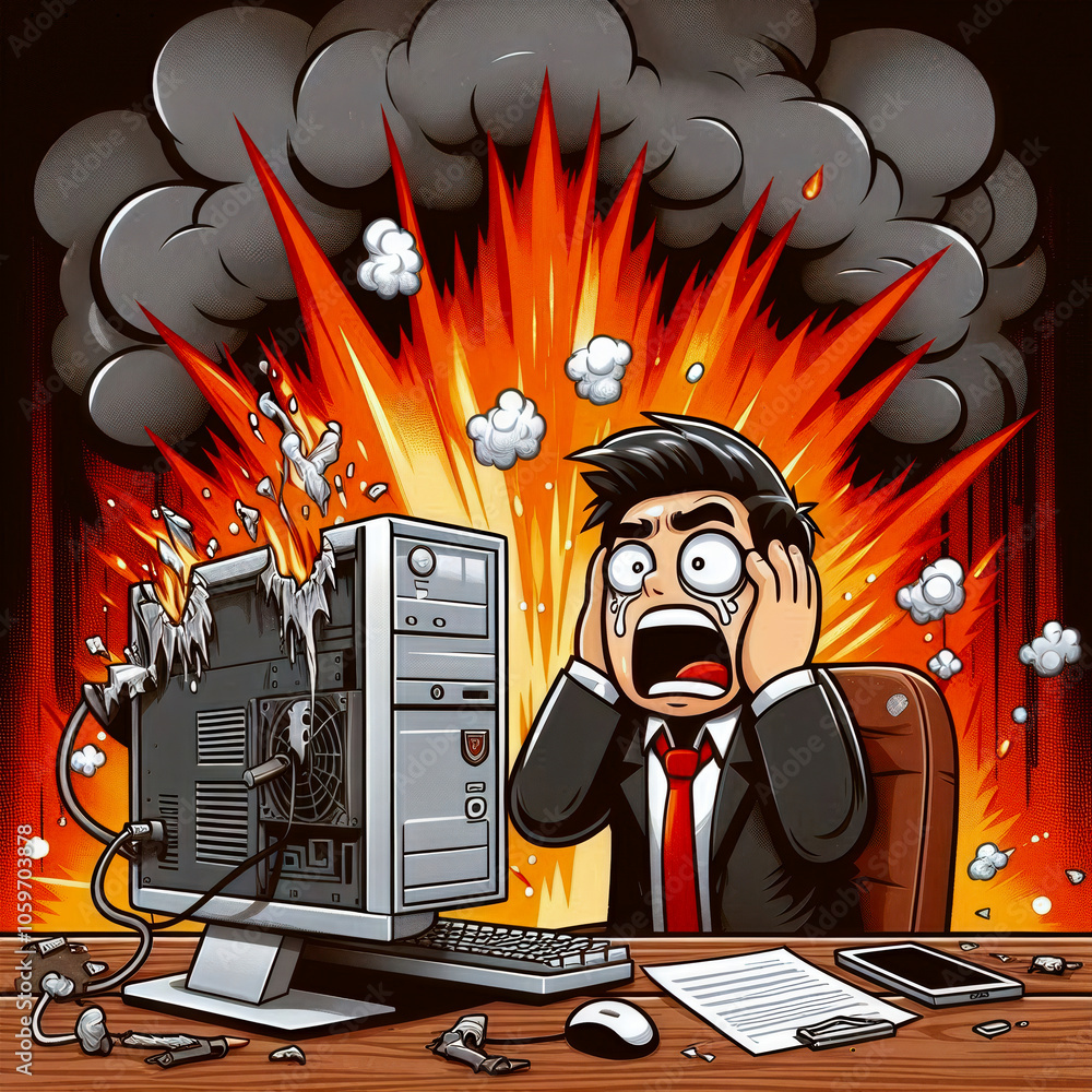 A cartoon illustration of a frustrated businessman in a suit, shocked ...