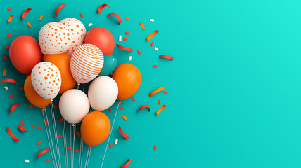 Poster - Colorful balloons and confetti on vibrant turquoise background create festive and joyful atmosphere, perfect for celebrations and parties