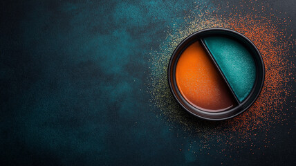 Aufkleber - round container with vibrant orange and teal powders is split in half, creating striking contrast against textured dark background. powders are artistically scattered around container, enhancing