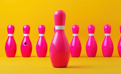 Pink bowling pins standing against a vibrant yellow background, showcasing a playful and dynamic theme ideal for sports or leisure concepts Perfect for fun activities imagery