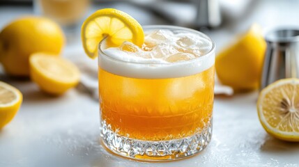 Wall Mural - Refreshing whiskey sour cocktail with lemon garnish and frothy top view