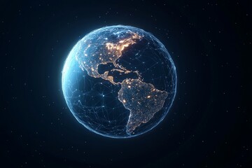  This artwork represents Earth with a grid of network overlays, symbolizing modern technological connectivity and the intricate weave of human-made systems.