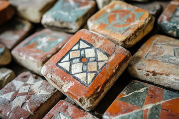 Mayan pottery shards with unique geometric designs.