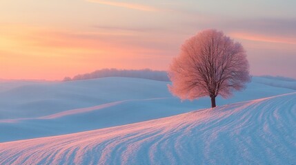Poster - A vibrant winter sunset paints the sky in pastel colors. A lone tree with frosted branches captures the serene beauty of the snowy landscape, creating a peaceful atmosphere.