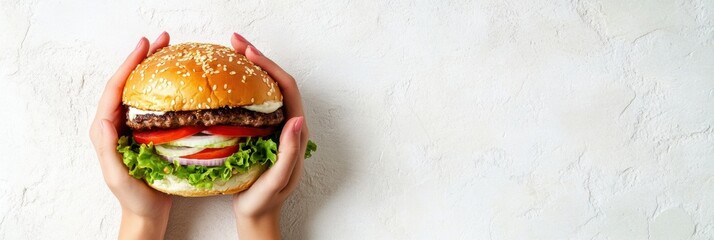 Poster - A pair of hands cradles a large burger loaded with lettuce, tomatoes, and a juicy patty, highlighting a delightful meal experience. Generative AI
