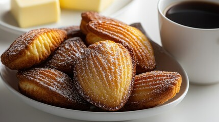 Wall Mural - Warm madeleines and coffee – a detailed top view for culinary delight and comfort