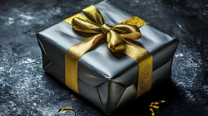 Sticker - Black Gift Box with Gold Ribbon and Bow - Realistic Image