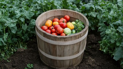 A rustic wooden bucket overflows with colorful fresh vegetables, set against a vibrant garden filled with lush plants. Generative AI