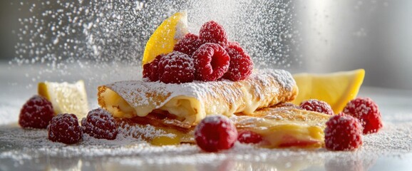 Canvas Print - Delicious french crepes with raspberries and lemon dusting in a beautiful flat lay