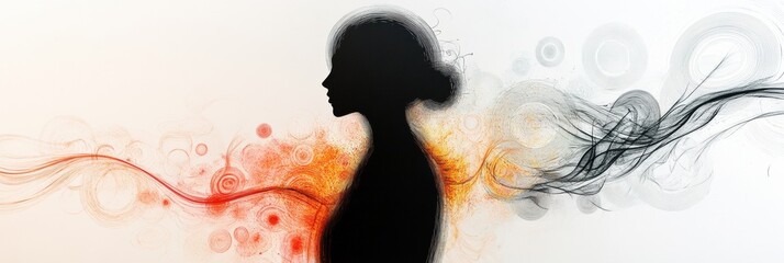 Fototapete - A silhouette of a person stands out against a minimal background, enveloped by vibrant, swirling colors and flowing lines. Generative AI