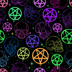 Seamless pattern of bright skulls and pentagrams on a black background