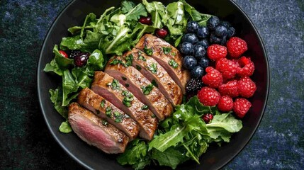 Canvas Print - Gourmet french duck breast with fresh berries and greens flat lay for culinary inspiration