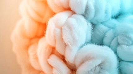 Wall Mural - Close-up of intertwined fluffy wool fibers with gradient colors ranging from orange to blue, showcasing a soft and textured abstract pattern.