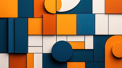 Wall Mural - geometric abstract background featuring overlapping rectangles and circles in bold orange, blue, and