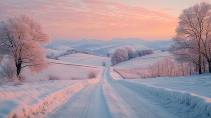 Poster - A winding road covered in fresh snow leads through a tranquil landscape adorned with frosty trees under a soft pastel sky at dawn.