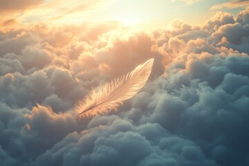 Wall Mural - A delicate feather floats gracefully onto a soft cloud illuminated by warm, diffused sunlight against a tranquil sky backdrop