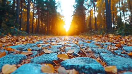 serene woodland path covered in autumn leaves, glowing with warm sunlight