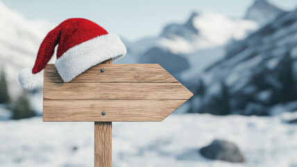 Wooden direction sign with Santa hat in snowy landscape