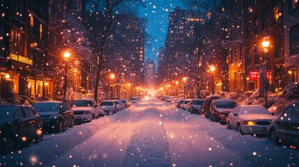 Poster - A tranquil urban street is covered in fresh snow as evening falls. Streetlights illuminate the snowy path, and cars line the edges, enhancing the peaceful winter ambiance.