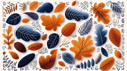 Wall Mural - autumn-themed abstract illustration featuring a variety of stylized orange and blue leaves with deco