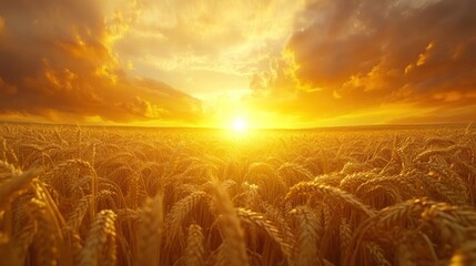 Wall Mural - A golden wheat field basks in the warm glow of a setting sun, with dramatic clouds creating a picturesque scene.