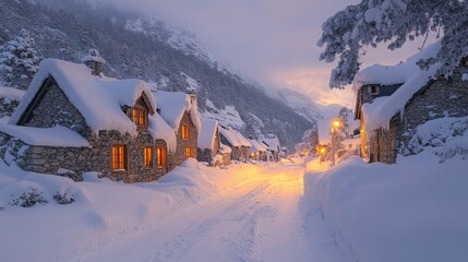 Poster - A tranquil winter evening in a picturesque village, where cozy cottages are blanketed in snow, and warm light spills from glowing windows as twilight descends.