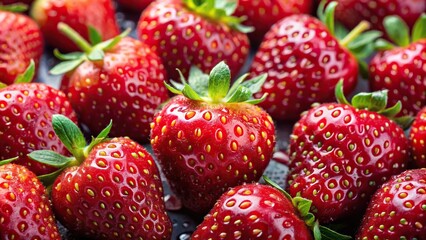 Fresh ripe strawberries covered in water droplets, top view