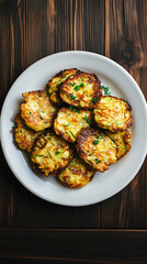 Delicious zucchini fritters seasoned with fresh herbs and lying on a white plate