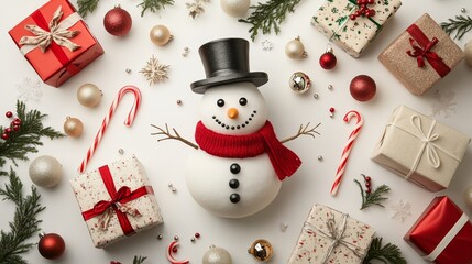 Wall Mural - Cheerful snowman with a top hat and scarf surrounded by Christmas decorations, gifts, and candy canes in a festive holiday setting