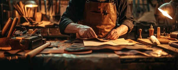 Artisan work in making natural leather products at workshop. Skillful artist create accessory artwork by animal skin. Crafting handmade accessories art with artistic tool and creativity idea. AIG61.